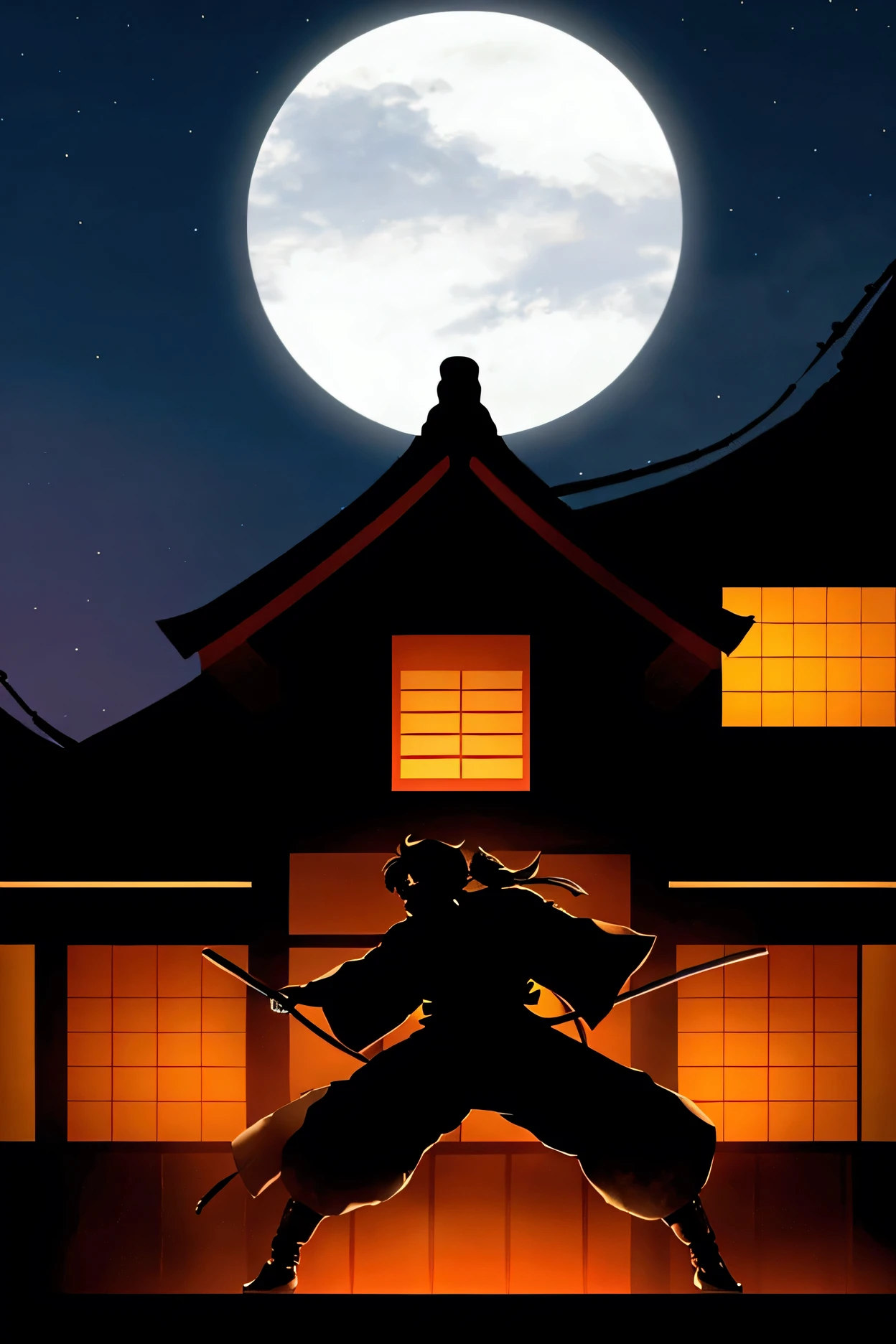 Solo, best quality, ultra Hd, masterpiece, ultra detailed, silhouette of a samurai training, full moon night, on the roof of a traditional Japanese house, samurai, kimono, silhouette, full moon, traditional Japanese house.