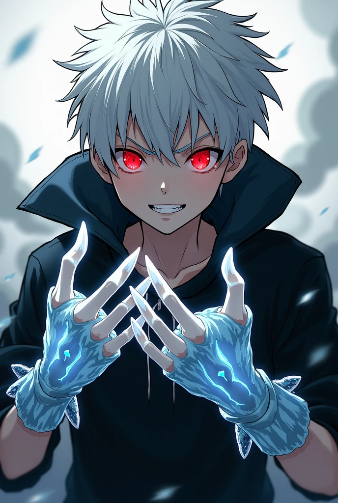 high resolution,short distance、Anime boy with white hair and red eyes looking at the camera, glowing red eyes,thin, dressed in a black outfit,Shadow Body,white skinned,monochrome,messy hair,aggressive smile, in their hands are ice gauntlets that cover their hands looking like claws and that show their hands completely、diagonal angle