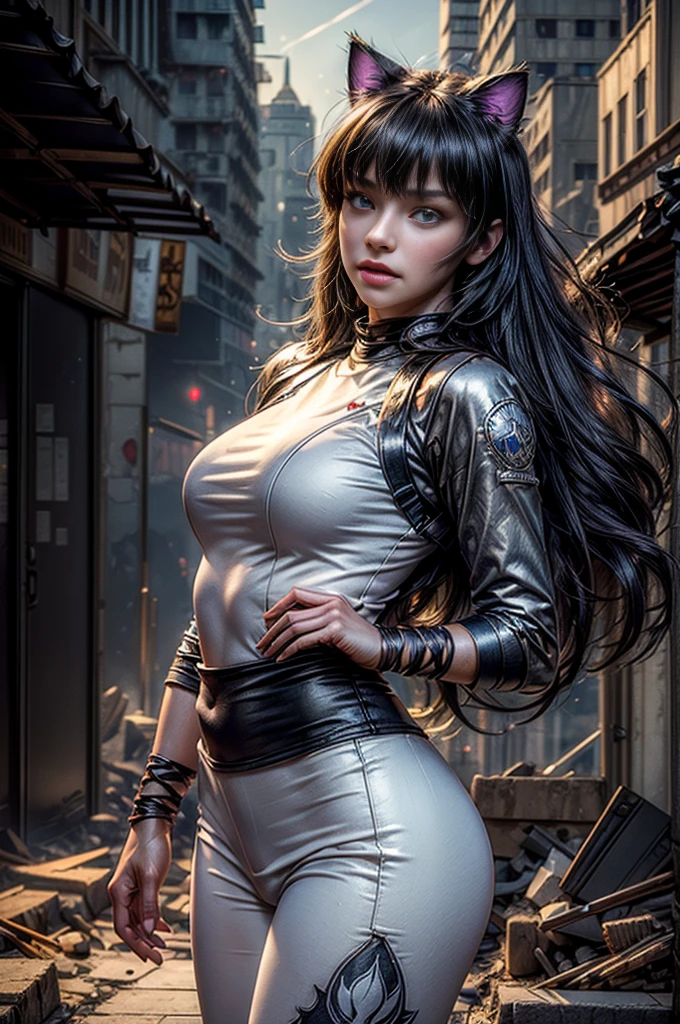 (masterpiece, stunning girlfriend, (standing:1.1), dynamic pose, heart shaped face, elegant face, beautiful face, highly detailed face, highly detailed skin, skin pores, subsurface scattering, realistic pupils, loving smile, looking at viewer, full face blush, full lips, detailed background, depth of field, atmospheric perspective, volumetric lighting, sharp focus, absurdres, realistic proportions, good anatomy, (realistic, hyperrealistic:1.4), 16k hdr (masterpiece, best quality:1.2), cowboy shot, solo, 1girl, blake belladonna, expressionless, closed mouth, looking at viewer, black hair bow, white shirt, detached sleeve, pantyhose, legwear under white shorts, cyberpunk city, neon signs, street, crowd, night, moon, moonlight, street lights, shop lights, car lights