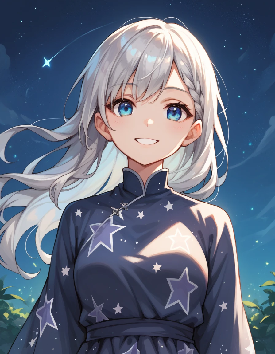 score_9, score_8_up, score_7_up, 1girl, long silver hair, upper body, blue eyes, arms at side, outdoors, starry night, long grey star print dress, smile,