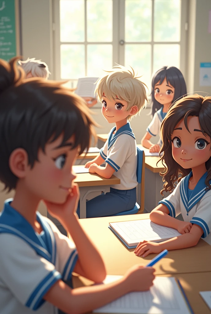 Sunny classroom seen from above, the children wear a white uniform with blue collars. There are six main children: a girl with brown skin tone, with long curly hair; a slightly chubby brown skinned boy; a white girl with long curly hair; a white woman with straight hair; A white boy; another white boy; another white and thin one.