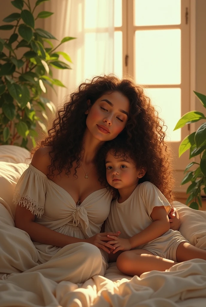 (photorealism:1.2), beautiful woman, sitting on bed, with a boy wearing loose off-shoulder top, pajama pants, long curly hair, indoors, soft lighting, plants in background, window with sunlight, cozy room, relaxed pose, realistic, intricate details, warm colors, by Greg Rutkowski, by Alphonse Mucha