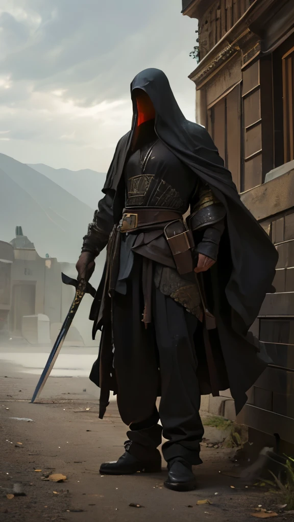 (((Adult body))), ((Combat Ready)), The whole body is shown, JRG Character, Medieval Fantasy, Black Armor, Full Armor, Berserker, Looking at the viewer, Aggressive Posture, Berserker, rpg, Glare, Hostilities, Villain, Holding a sword, assassin