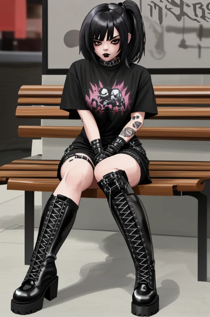 araffe sitting on a bench in a restaurant wearing a black shirt and black boots, high boots, massive boots, sexy style, heavy boots, cruel korean goth girl, pretty face with arms and legs, wearing tall combat boots, sexy look, chinese girl, boots, wearing a punk outfit, cyberpunk 2 0 y. o model girl, wearing boots