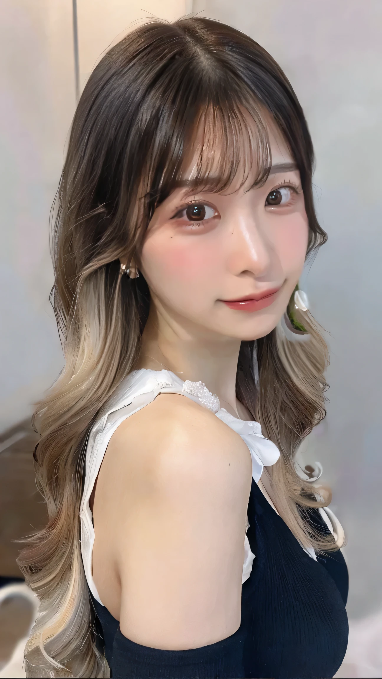 (8k、RAW Photos、Best Quality、masterpiece:1.2)，(8k, Photorealistic, Original photo, Highest quality: 1.4)、(Realistic、Realistic)、Japan high school girls,1 person、cute,prety woman:1.4，(( Two-Toned Hair Color, Bangs, Gradient hair, platinum hair,Shoulder-length hair, slightly curled at the ends, Light blonde hair with dark roots,blunt bangs，Ear loop highlights， Beautiful Hair, Perfect Hairstyle)), Slim Body, big Breasts, Perfect Body, Very Beautiful, Super Cute, Idol,Super Detail Face、Eye of Detail, perfect hands, perfect fingers, beautiful skin, perfect ears, expressionless, ((earrings))Japanese idol-style beautiful girl,1,Model,1 person，Cute pose,studio,Front view,