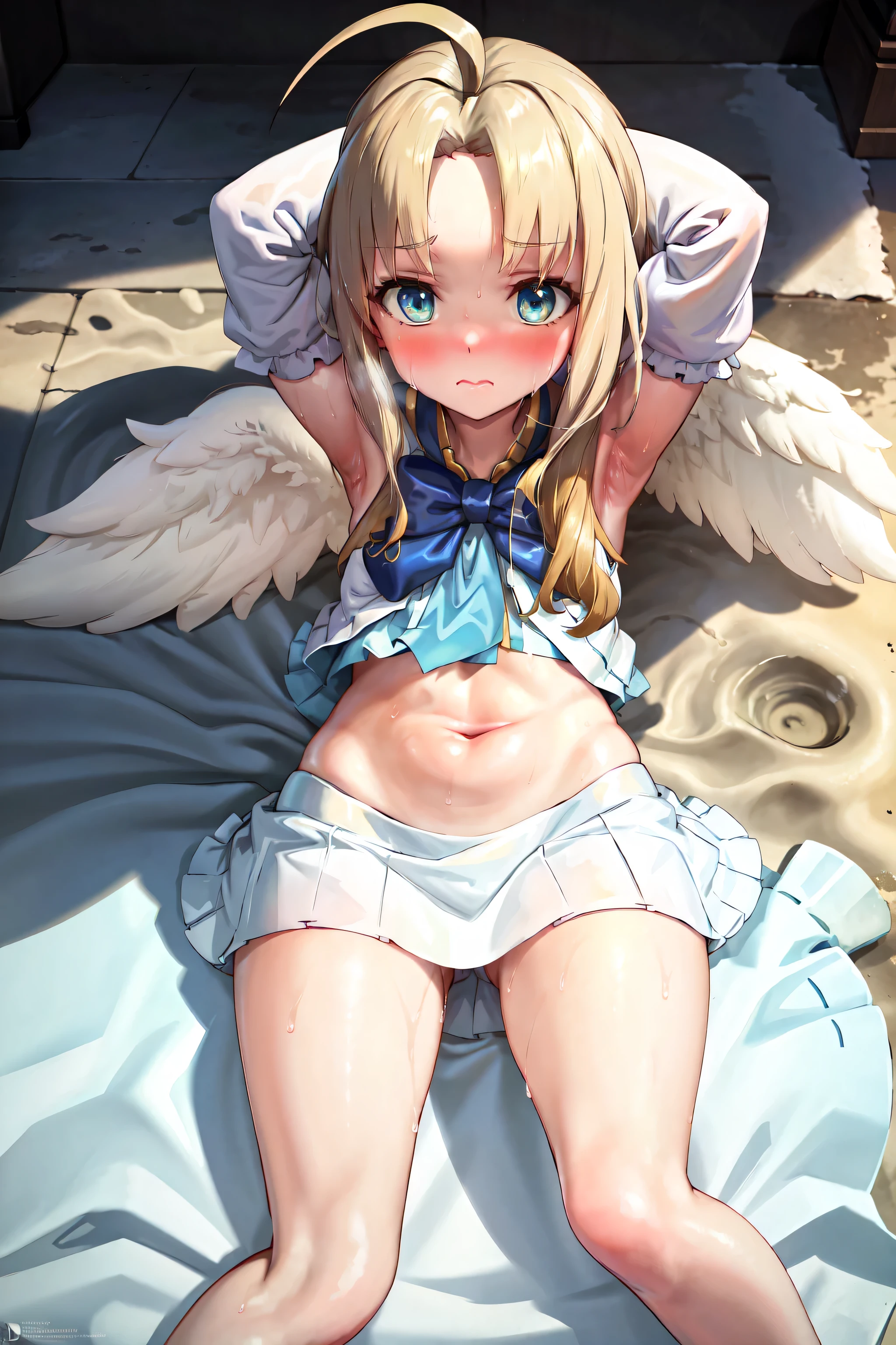 (best quality)), ((highly detailed)), ((masterpiece)), ((Best Quality: 1.2)), ((Filo)), 1 girl, embarrassed, filo clothes, closed mouth, white wings, hite dress, blue bow, long hair, blue eyes, looking at viewer, parted bangs, bent over, arms up, hands behind head, showing armpits, armpits, sweaty, very sweaty, Ahoge, bare feet, beach background, beach, no head accessories, dress, Filo dress,