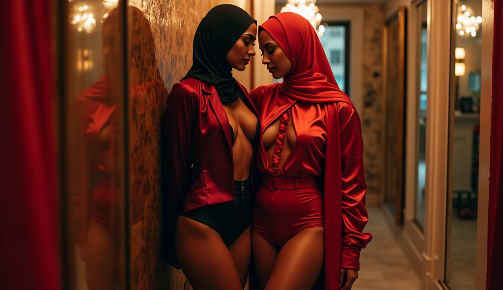 Two woman in the translucent night gown, half naked, nipple on, shibari,tied with red satin rope,wearing satin hijab, full body,mermaid tight long gown, flowy dramatic long gown,very long flor length gown, tall women, in luxury bedroom, sexy face, sexy pose, wear high heels, masterpice 