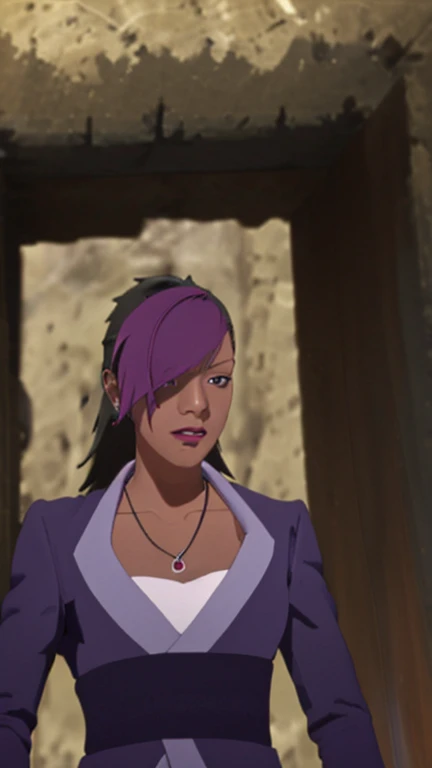 Evil black skinned business woman in a purple skirt suit 