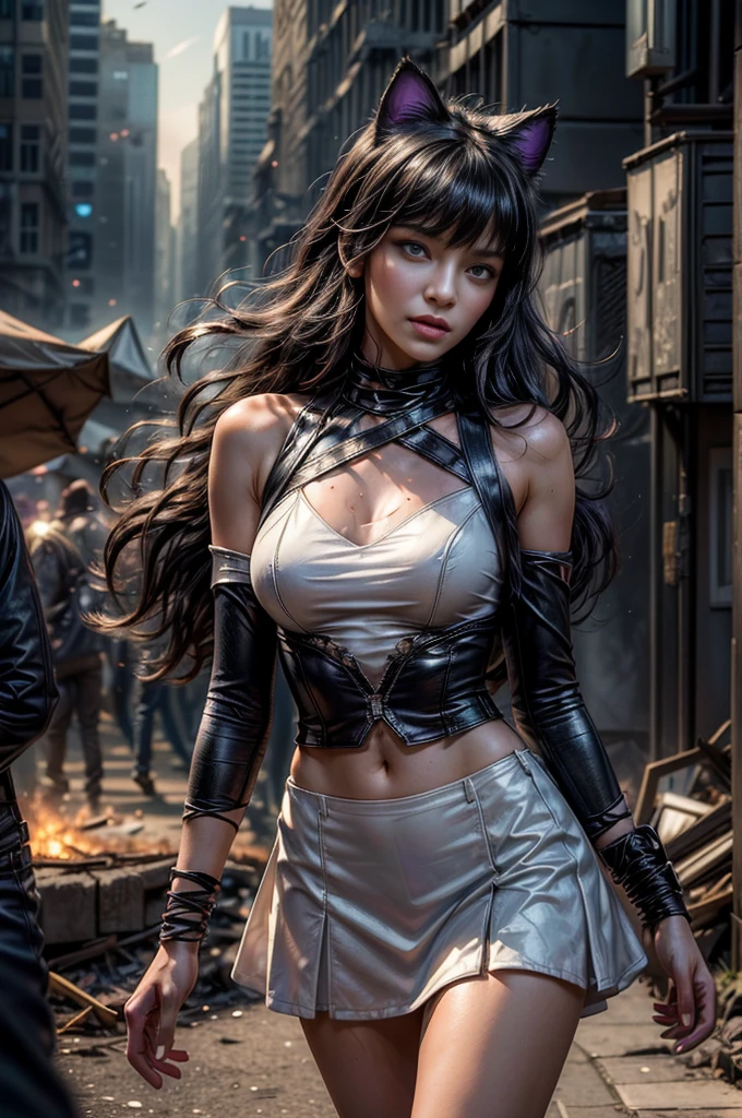 book cover: fantastical setting, luminous night in urban fantasy, young woman in white short dress, long silky and shiny black hair, slim and elegant in her heeled boots, A black wolf is by your side, He is your protector and companion, Scenery is a city at night, Street, and full moon, fine-detailed, perfect  skin, glare eyes, Ethereal glow around her, cinematic lighthing, Kinematic, RAW
