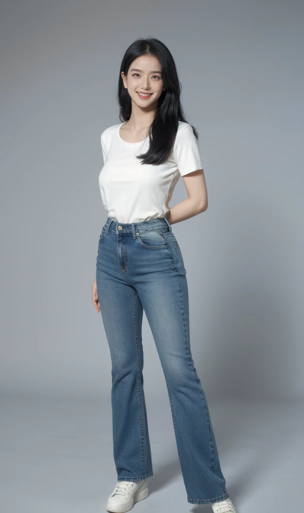 best quality, quality, masterpiece, photorealistic, 1girl，solo, White short sleeve，long blue jeans pants, long black hair,looking at viewer, smile, full body, white simple background