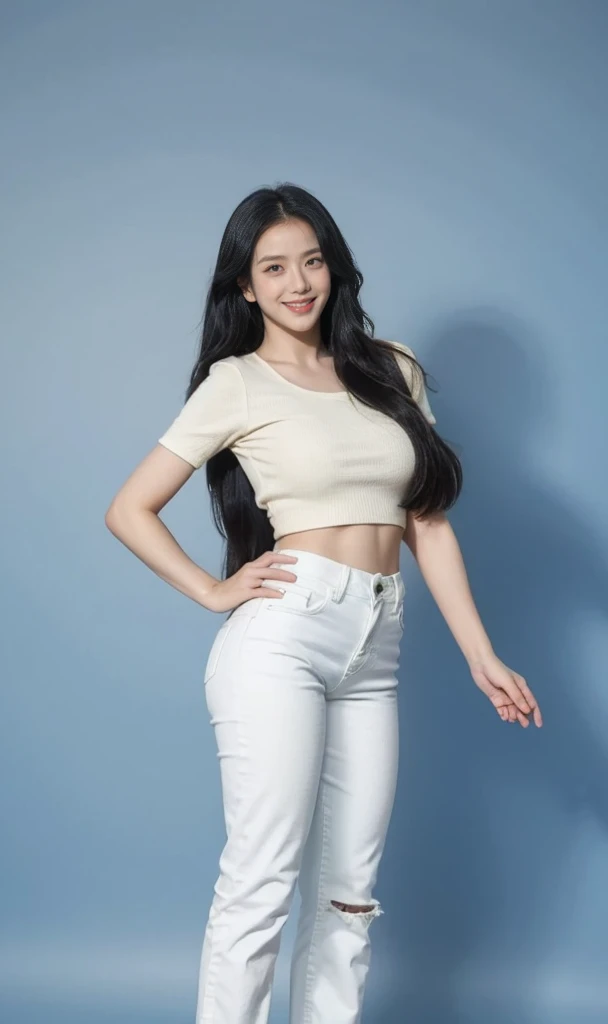 best quality, quality, masterpiece, photorealistic, 1girl，solo, White short sleeve，long blue jeans pants, long black hair,looking at viewer, smile, full body, white simple background