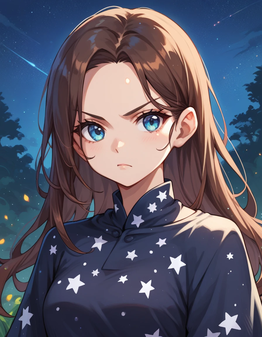 score_9, score_8_up, score_7_up, 1girl, long brown hair, upper body, blue eyes, arms at side, outdoors, starry night, long black star print dress, serious