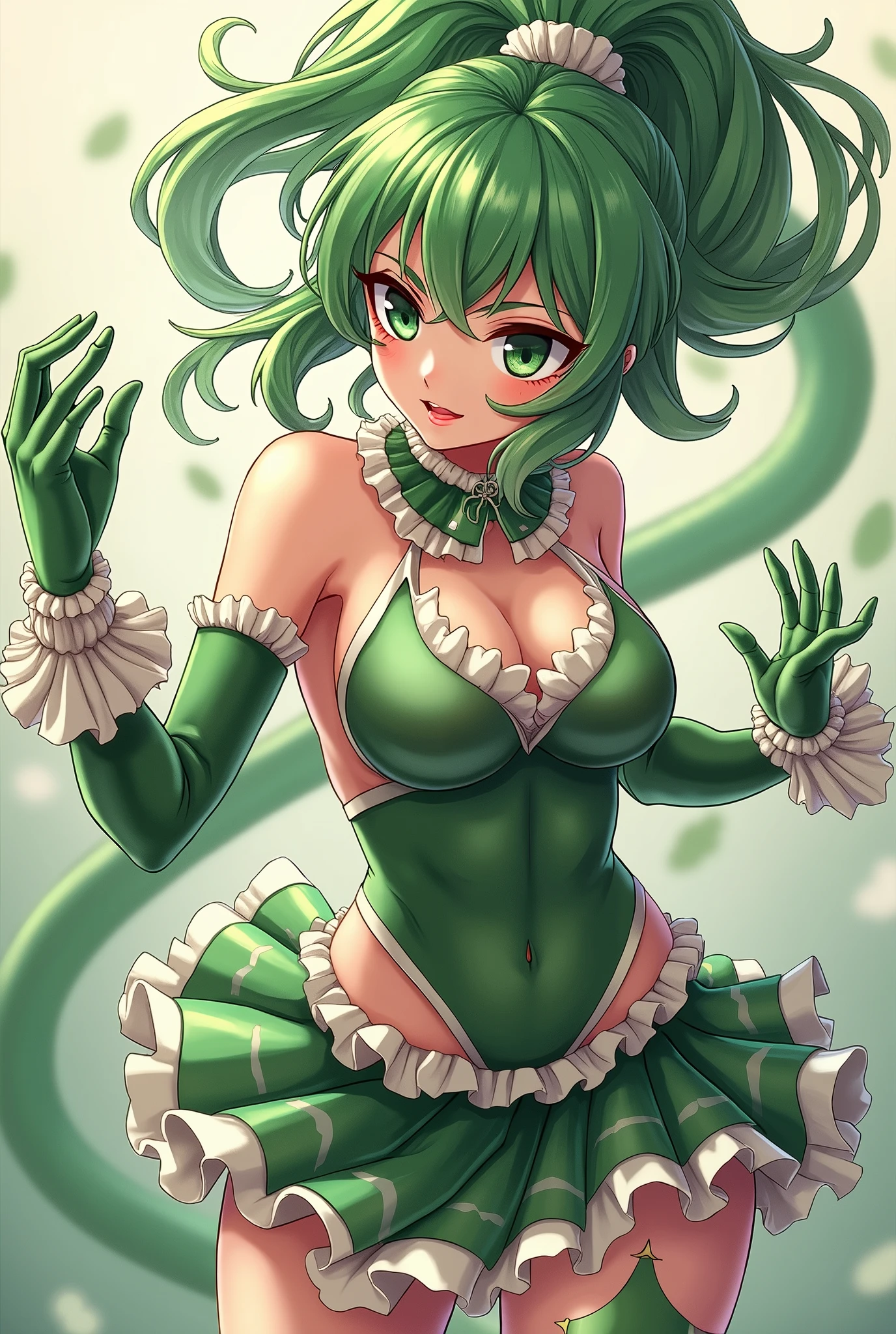 (masterpiece, best quality), 1girl, <lora:MewLettuce:1> mew lettuce, green hair, green eyes, green leotard, green shirt, green choker, bridal garter on left leg, puffy detached sleeves, short hair, hair tubes