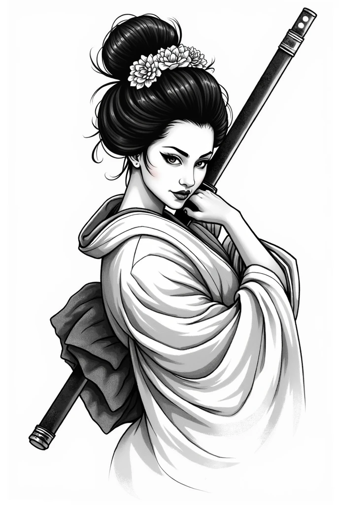 Create a tattoo of a geisha holding a katana in black and white - SeaArt AI