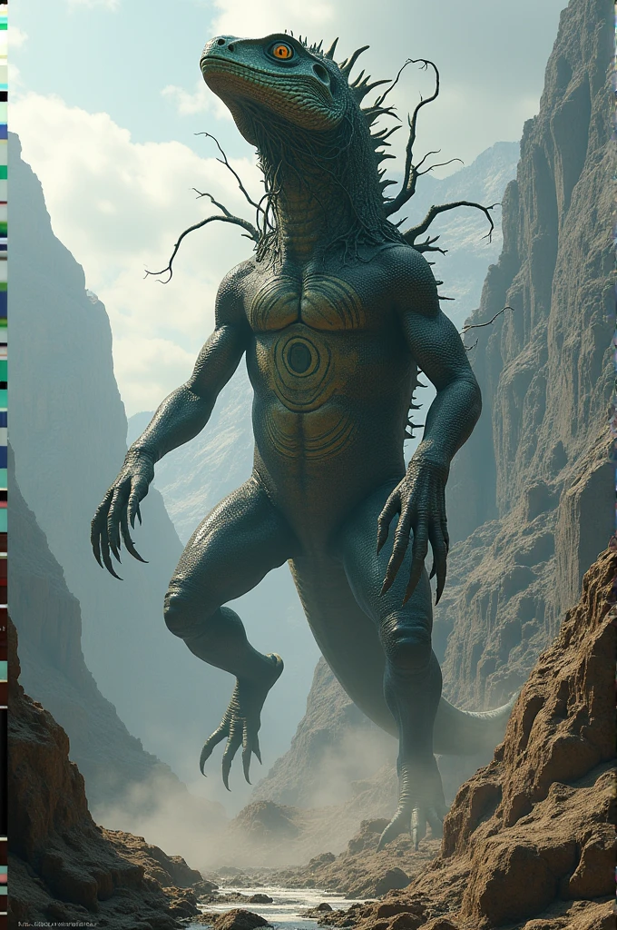 Create an epic landscape featuring a desolate, alien desert with dunes of sparkling, iridescent sand. Dominating the scene is a colossal, surrealist monster—a towering creature with a body composed of shifting, geometric shapes and patterns. Its many eyes glow with an eerie light, and its limbs morph fluidly between organic and mechanical forms. The sky above is filled with swirling, stormy clouds and flashes of otherworldly lightning. Surrounding the monster, strange, twisted vegetation grows, with luminous flowers that emit an unsettling glow. In the distance, massive, floating obelisks hover ominously, adding to the sense of a mysterious, surreal world.