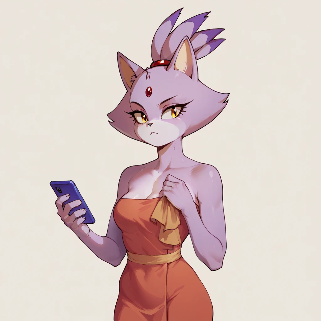 score_9, score_8_up, Blaze The Cat, wrapped in towel, medium breasts, holding phone