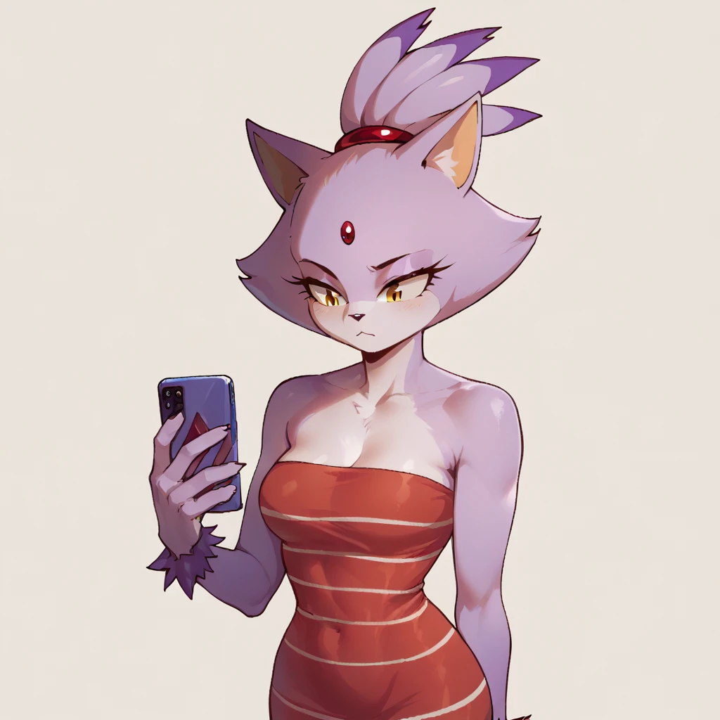 score_9, score_8_up, Blaze The Cat, wrapped in towel, medium breasts, holding phone