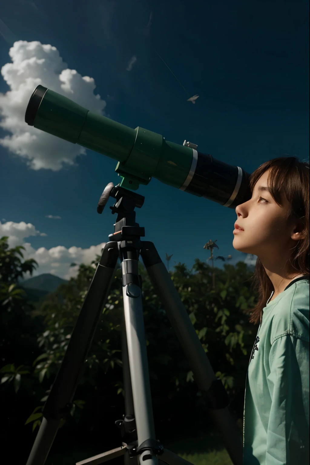 A woman with a little girl looks through a telescope at the sky in front of a lake and trees