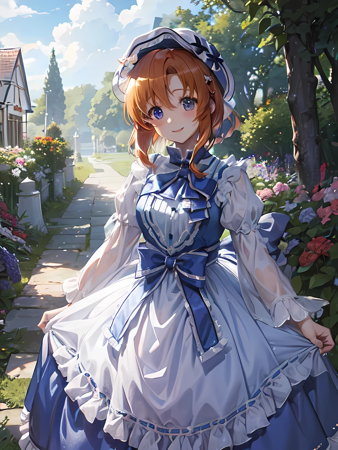 (((Rena Ryuuguu))), girl, alone, orange hair, short hair, blue eyes, lo dress, layered dress, long dress, lace-trimmed dress, frills, puffy sleeves, wide sleeves, bow, jewelry, long sleeves, hat, smile、garden