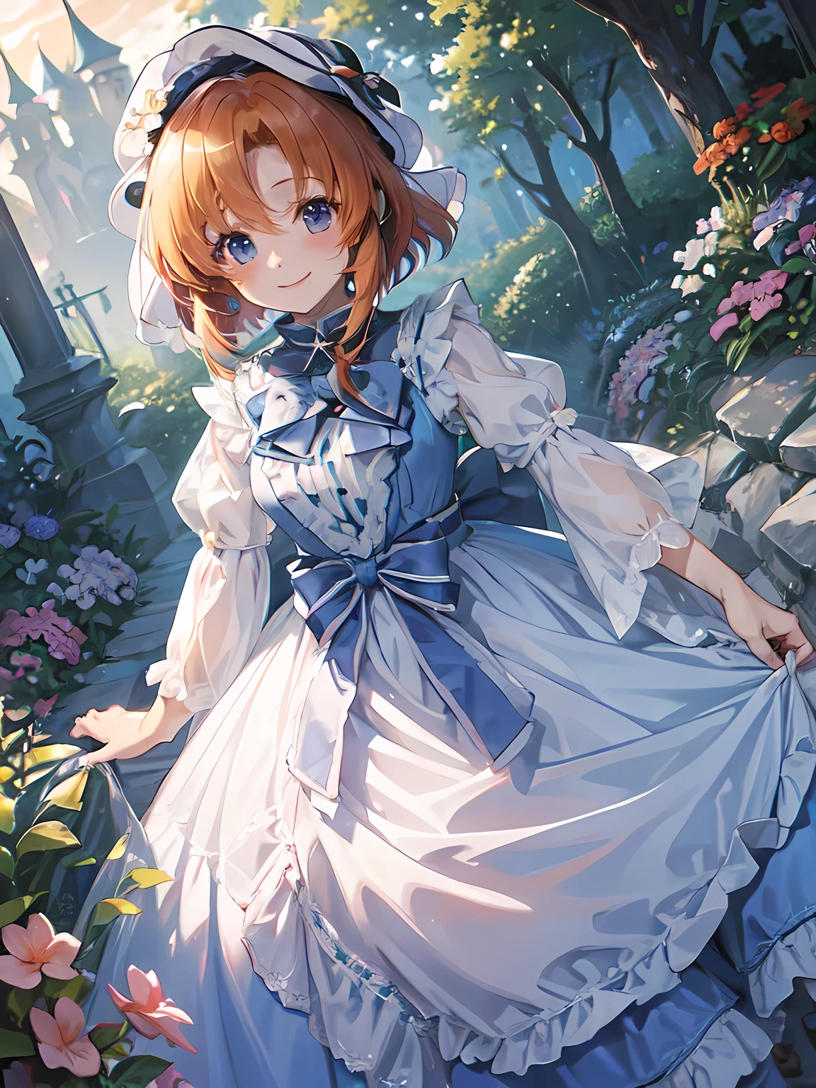 (((Rena Ryuuguu))), girl, alone, orange hair, short hair, blue eyes, lo dress, layered dress, long dress, lace-trimmed dress, frills, puffy sleeves, wide sleeves, bow, jewelry, long sleeves, hat, smile、garden