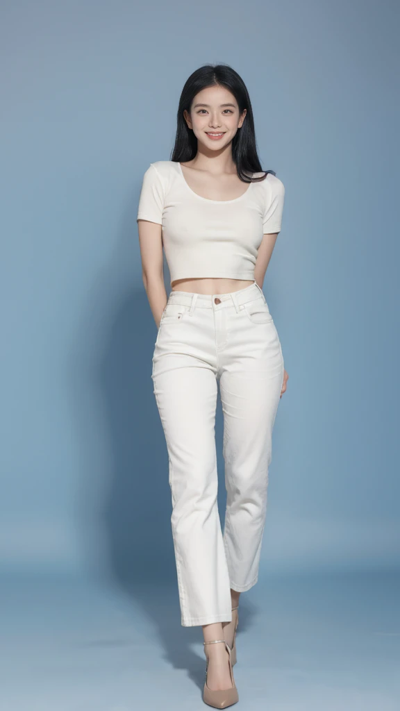 best quality, quality, masterpiece, photorealistic, 1girl，solo, White short sleeve，long blue jeans pants, long black hair,looking at viewer, smile, full body, white simple background