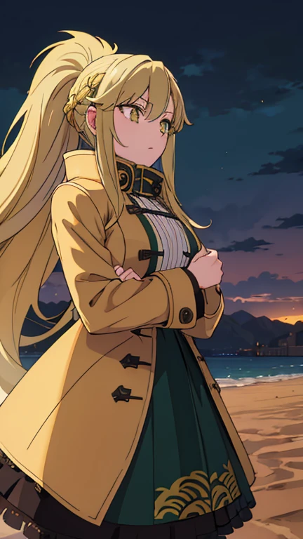 best quality, high quality, 8K, masterpiece, lion girl, blond hair, golden eyes, ponytail, punk lolita, black and green all-weather coat appears to be much too big for her, as it falls off her shoulders and reaches the ground in length. coat unbuttoned