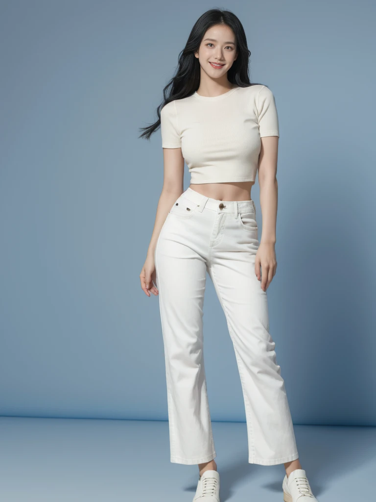 best quality, quality, masterpiece, photorealistic, 1girl，solo, White short sleeve，long blue jeans pants, long black hair,looking at viewer, smile, full body, white simple background