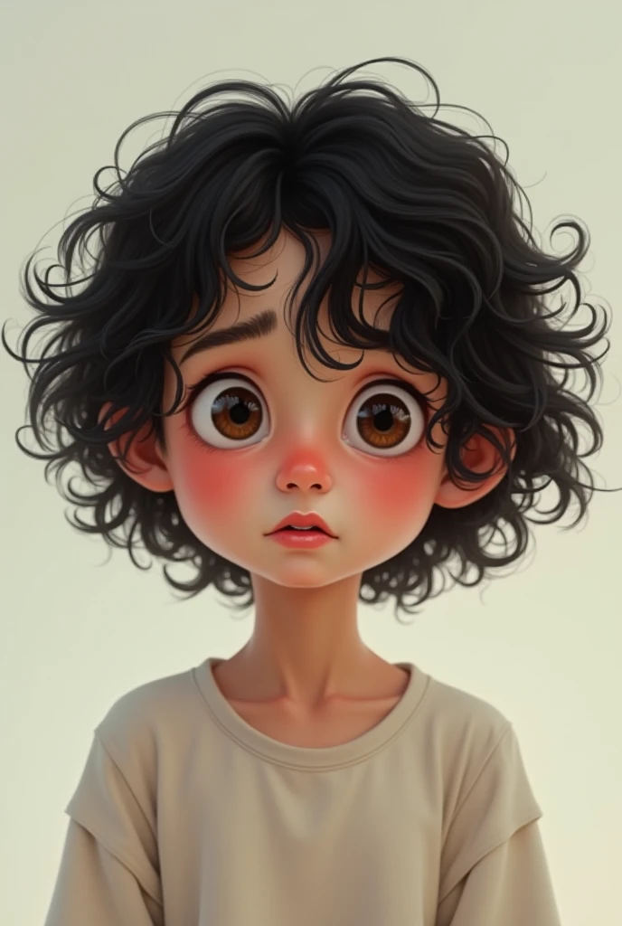 Person with round face, large forehead, curly hair with scars on the eyebrow, small mouth, chubby nose