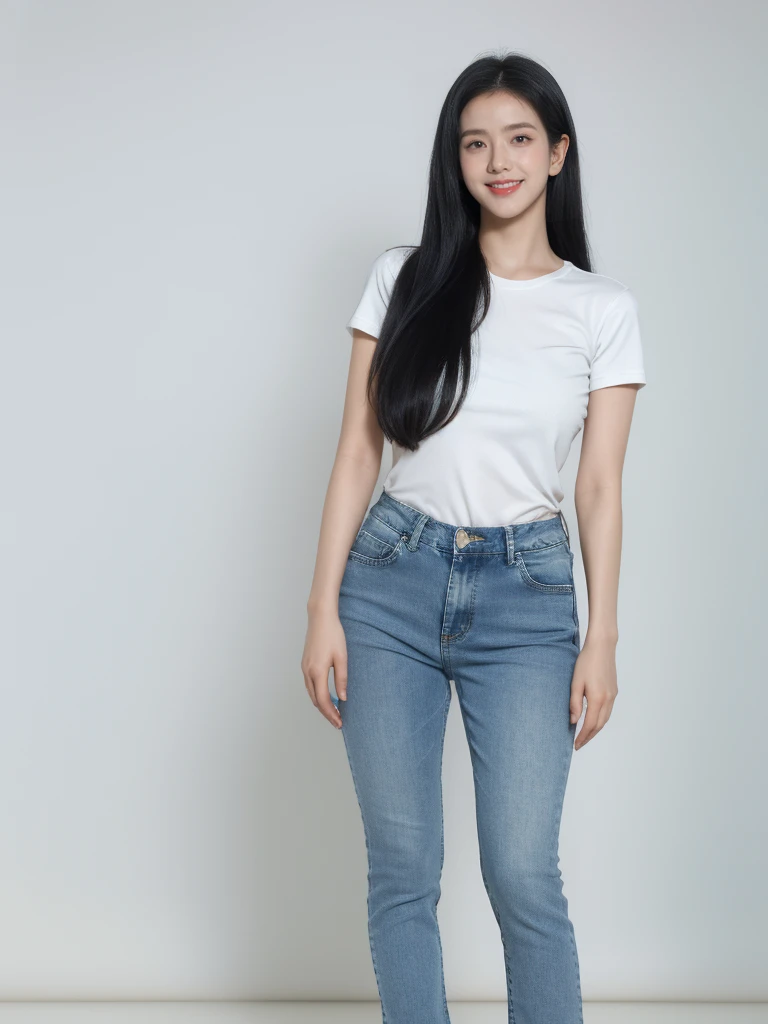 best quality, quality, masterpiece, photorealistic, 1girl，solo, White short sleeve，long blue jeans pants, long black hair,looking at viewer, smile, full body, white simple background