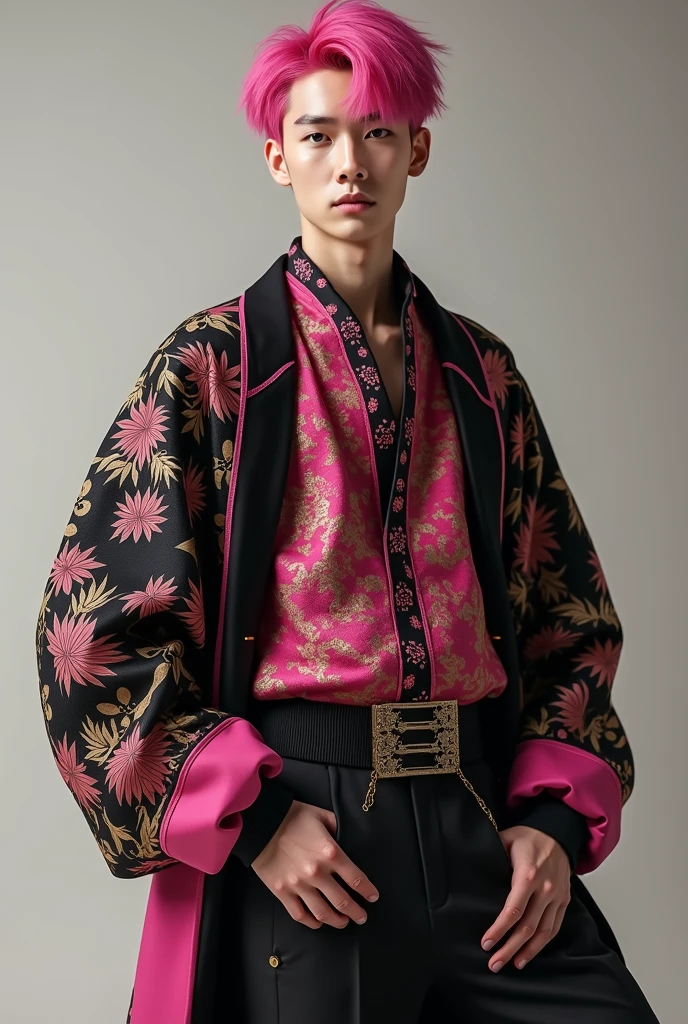 Fashion photo of Korean male model with short messy hair wearing open stomach sixpack colorful trend jacket in flash cinematic style