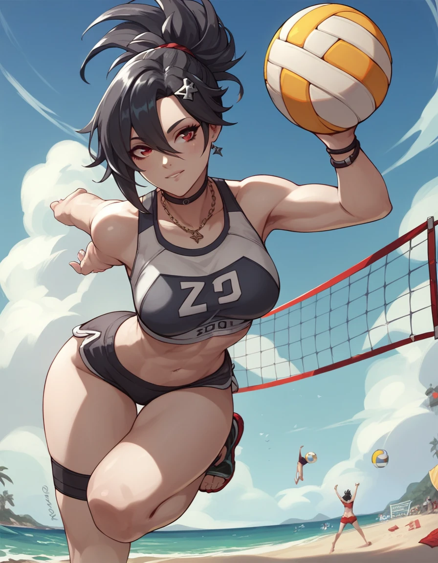 Grace Howard, character from game Zenless Zone Zero, Black hair, Red eyes, playing volleyball on the beach, jumping to hit the ball, sexy framing, 18+