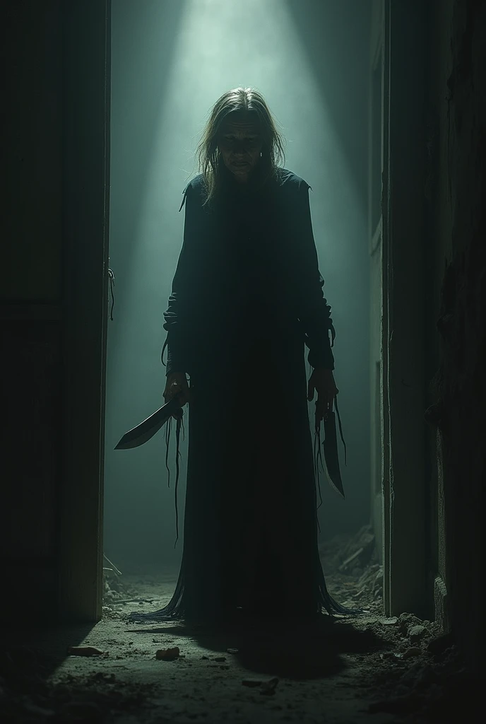 an old murderess with a knife in her hand walking backwards in a hallway of an old house.