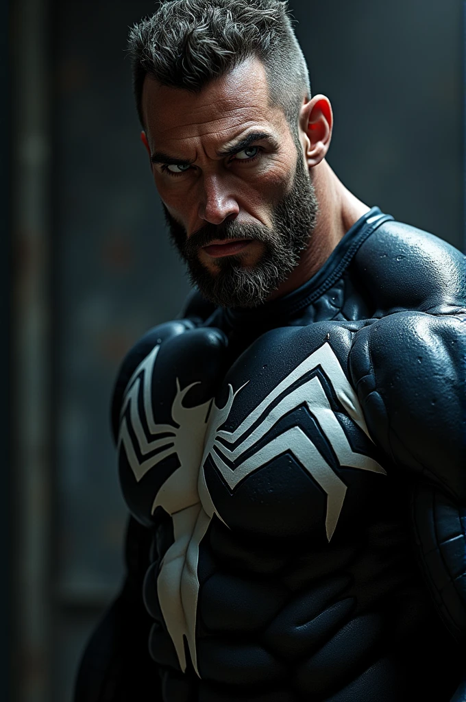 (masterpiece, intricately detailed, highest resolution, best quality:1.2),a cocky Jack Morrison male model,a 80 y.o muscle dad with a muscular physique sitting on a chair with black eyes,dark-skinned male, huge beard, mutton- chops, wearing chest harness,spider-man costume, nomask, flaccid penis,saggy balls,hairy chest,vascular,muscle striations,soft light,fantastic realism,