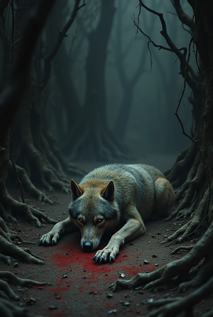 Wolves are eating an old woman in a scary forest