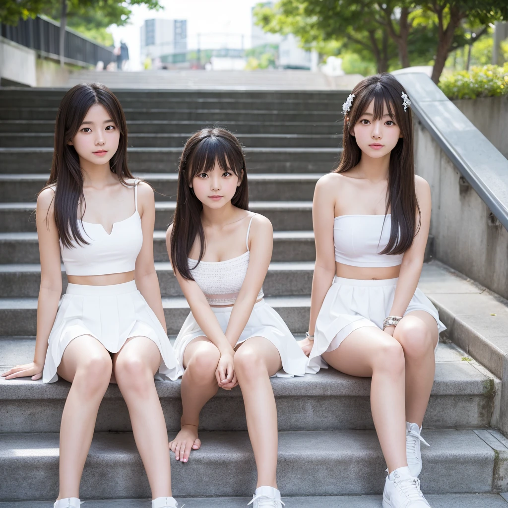 ((Full body photo)),full shot,Three very young fair-skinned slender Japanese beautiful girls,showing tennis knickers,white see-through dress and white scanty,very short white pleated miniskirt,white tennis knickers,high heels,embarrassed look,mouth open,looking at another,from quite below,best quality,ultra-detailed,high resolution,baby face,beautiful white skin,Photographed from a distance,flooring room