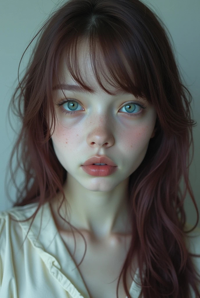 hyperrealistic  angel teen, redheperfect tiny body, sexy, dark makeup, small choker, perfect slim face, big red lips, very cute face, tiny body, big eyes, young looking, childish looking, freckles