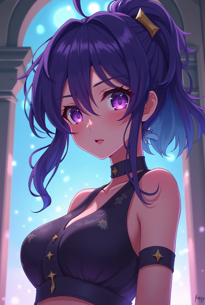 Provocative body anime, purples eyes, purple wavy hair and logos, and pretty face, e biquine roxa