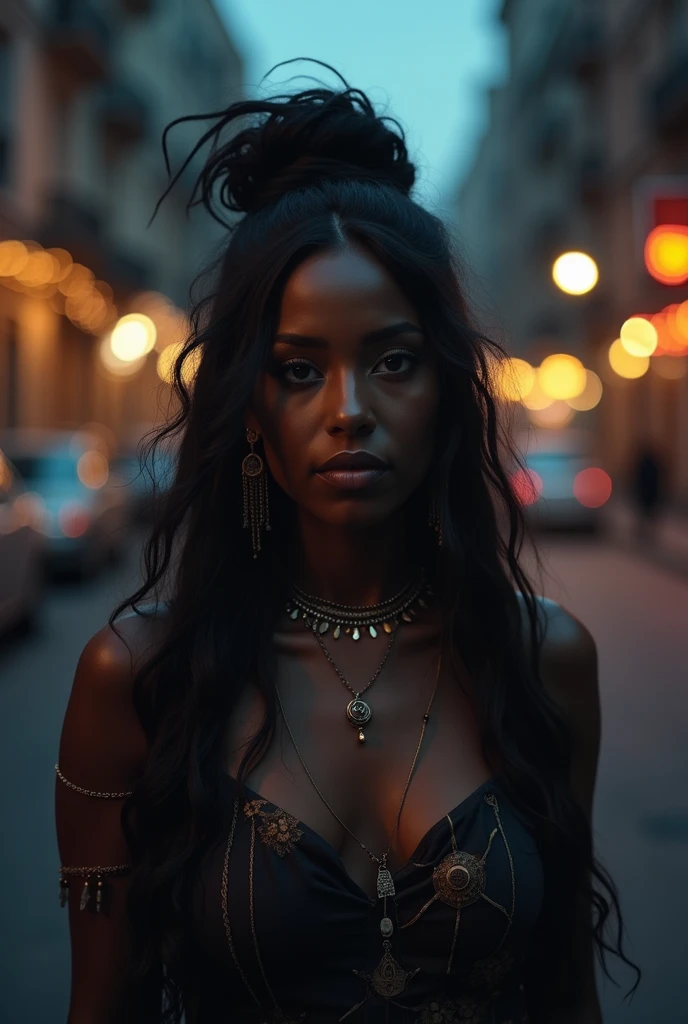(Character: one Brazilian woman, 20 years old,, dark skin, black skin, black hair, mega hair, dreadlocks:1.3)
(Clothing: white elegant dress, golden collars)
(Background: dark alley at night:1.3, intense urban lights in background)
(Style: ((masterpiece:1.5)), (face detailed), photo-realistic:1.3, hyperrealistic, film grain, realistic lighting, backlighting:1.3)