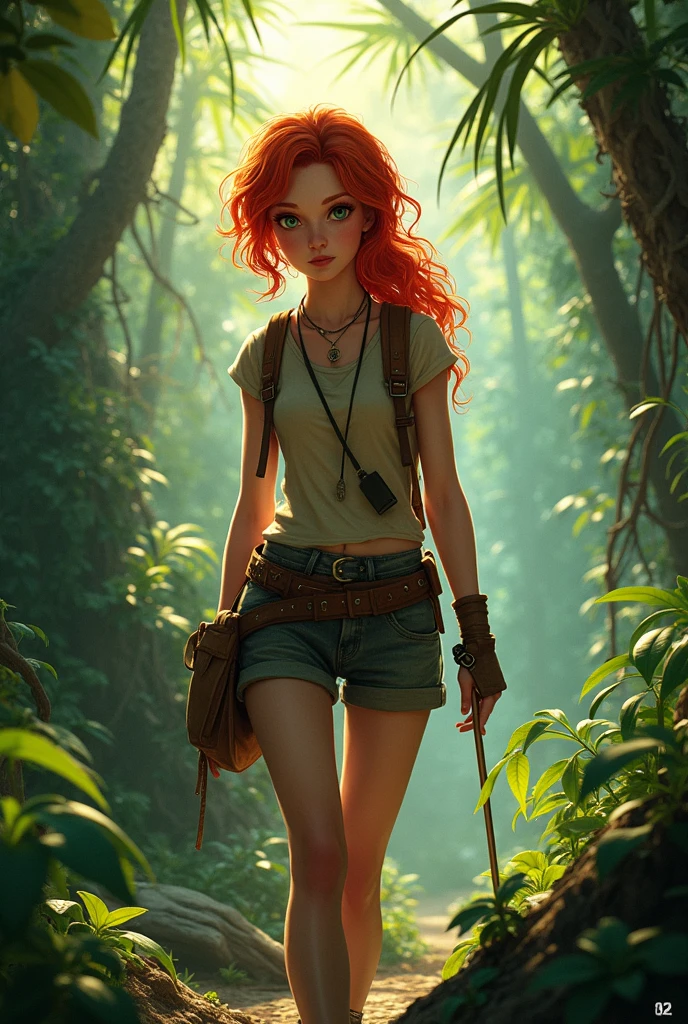 (masterpiece), (1 girl), best quality, green eyes, expressive eyes, perfect face, long red hair, naked, nude, dark makeup, heavy make up, hiking, backpack, hiking boots, full body, forest