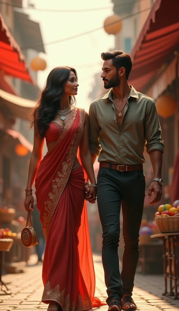 Indian actress age 28, wearing traditional Red saree,single long braided ,walking with a black man in a bazar ,coveringher head with pallu,smiling at a man away,
Ultra detailed face, 4k photography 