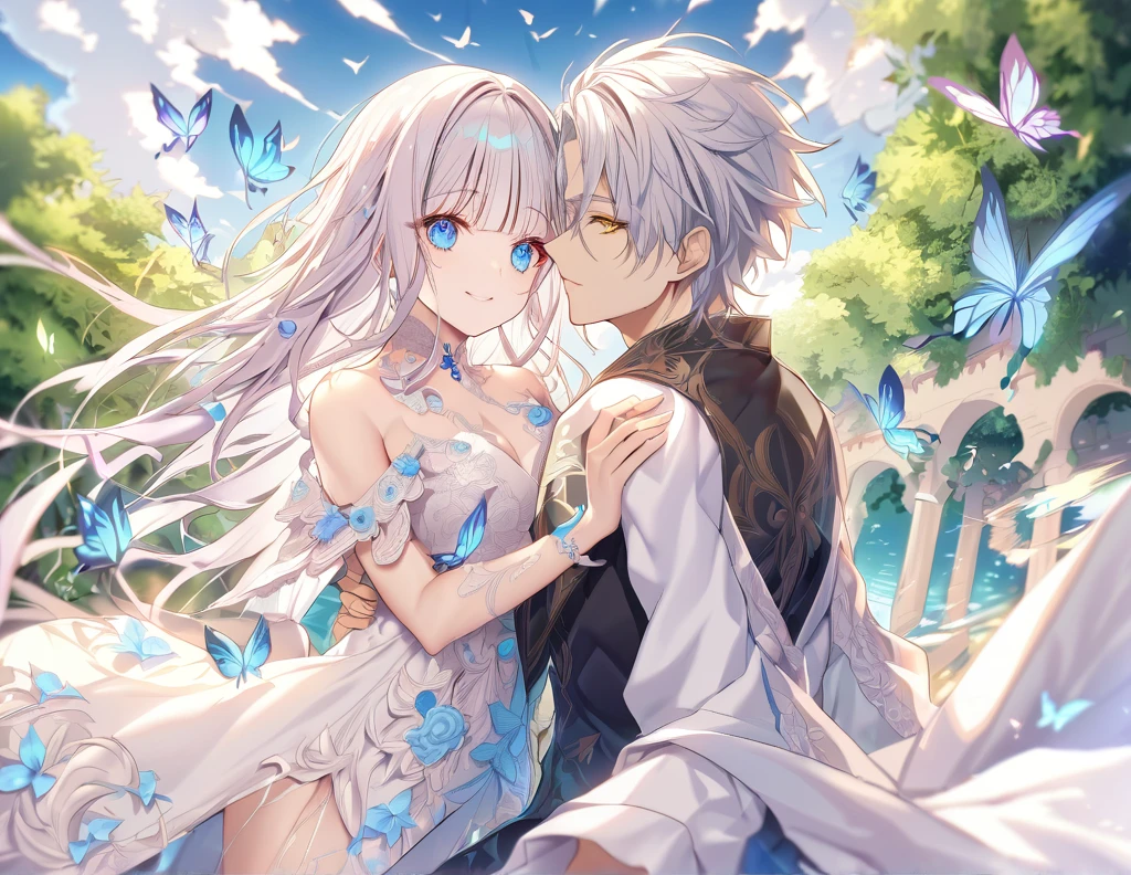 Ultra detailed, HDR, Highres, absurdres, master piece, Shana, red long hair with bangs, expressive golden eyes, Gojou Satoru, white hair with bangs, expressive blue eyes, black shirt, white dress with patterns, Jujutsu Kaisen, flowers, butterflies, fantasy, magical, green leaves, summer, a beautiful woman together with a handsome man, couple, love, sensual, island, sexy, smiling