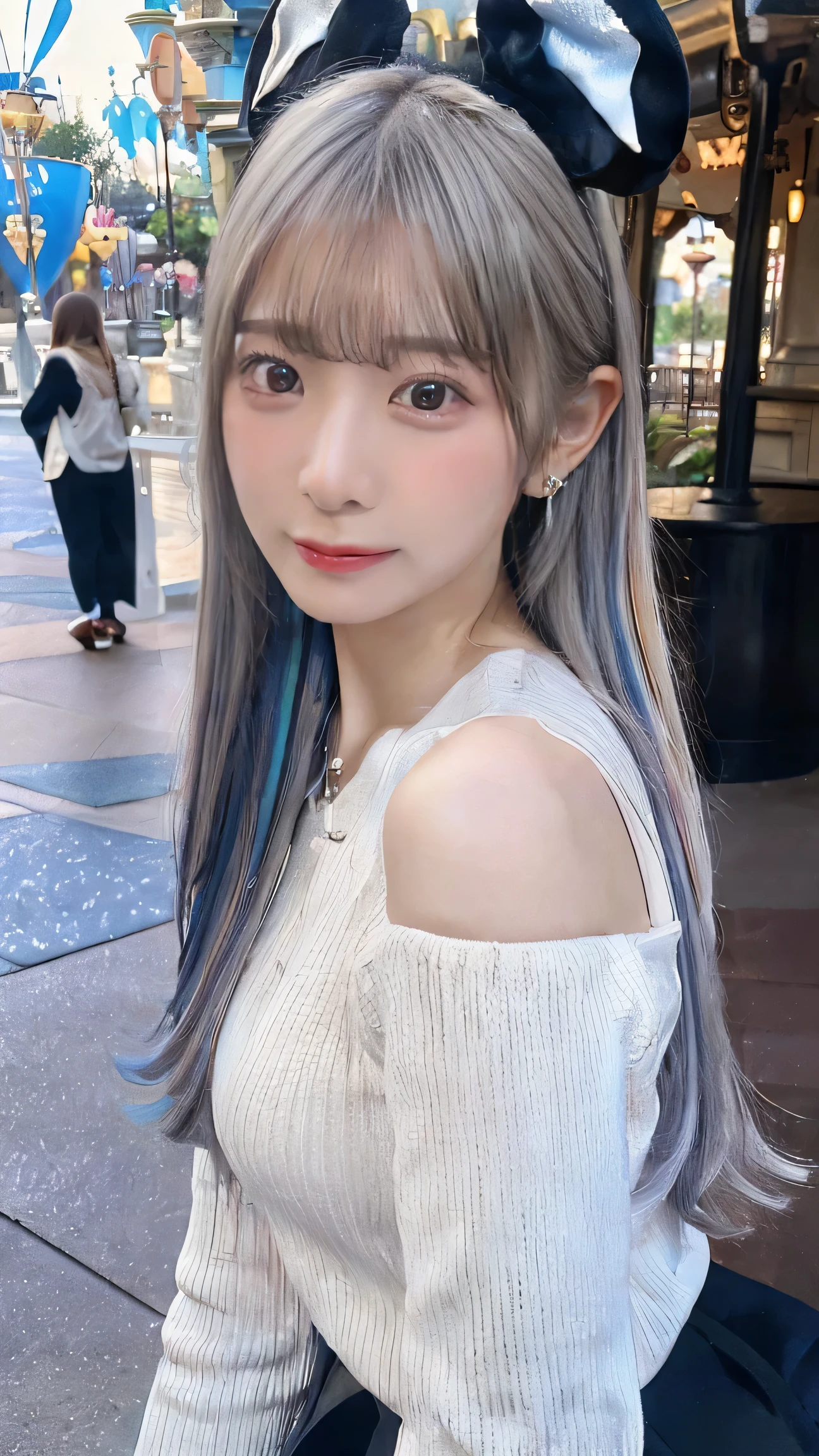 (8k、RAW Photos、Best Quality、masterpiece:1.2)，(8k, Photorealistic, Original photo, Highest quality: 1.4)、(Realistic、Realistic)、Japan high school girls,1 person、cute,prety woman:1.4，(( Two-Toned Hair Color,side braid,gradation hair, light blond streaked hair,{{{white and blue alternate hair color }}},Bangs, Gradient hair, platinum hair,Shoulder-length hair,straight hair,Light blonde hair with dark roots,blunt bangs，Ear loop highlights， Beautiful Hair, Perfect Hairstyle)), Slim Body, big Breasts, Perfect Body, Very Beautiful, Super Cute, Idol,Super Detail Face、Eye of Detail, perfect hands, perfect fingers, beautiful skin, perfect ears, expressionless, ((earrings))Japanese idol-style beautiful girl,1,Model,1 person，Cute pose,studio,Front view,,((At Disneyland、frombelow))、masutepiece, 1girl in, best qualtiy, Ultra Detail, (shiny), (Small)、(((with blush cheeks,A slender))),Ray tracing,Perfect Lighting, (milky skin:1.2),reflection,  up looking_で_viewer, blush,Knee-length pleated skirt, long-sleeved knitted top, shoulder-cut top, necklace, belt, design clothing, fashion