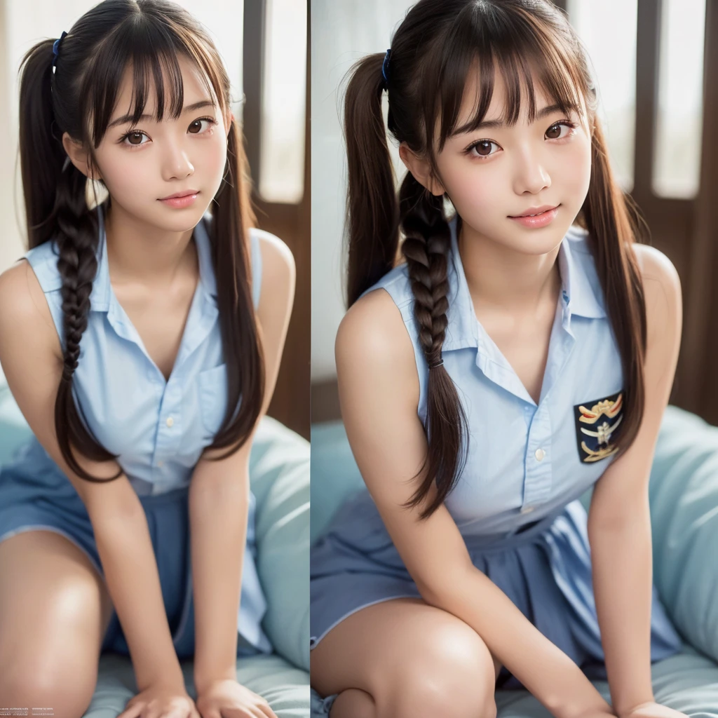 An ultra-high picture quality、Perfect Photo、Japan beautiful girl、sixteen years old、(((((anus)))))、(((((directly in front)))))、student clothes、(((Triangular sitting)))、Black Haired Beautiful Girl、cute little、on the beds、