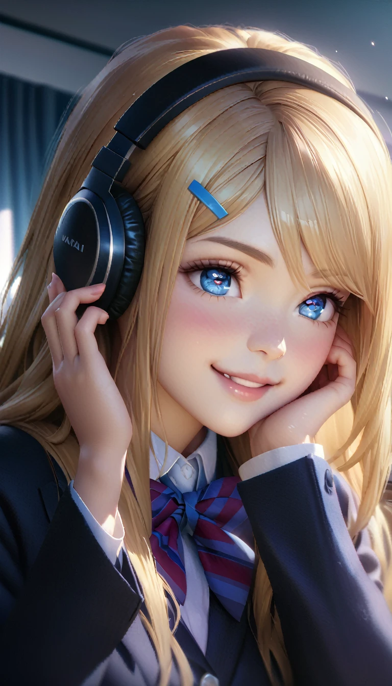 (masterpiece,ultra-detailed,best quality,8K,CG,realistic,illustration:1.2),(perfect-composition,detailed beautiful face,Clean skin,photographical skin,shiny skin,shiny hair, photographical hair,ultra detailed eyes,shaved,kawaii,uncensored:1.1), solo,{ayase_arisa_lovelive:1.15}, blonde_hair, blue_eyes, long_hair, hair_ornament, blush, hairclip, smile, otonokizaka school uniform,winter uniform, red striped bow tie, navy blue blazer, blue striped skirt, head phone ,hands on ear,singing, school music room,