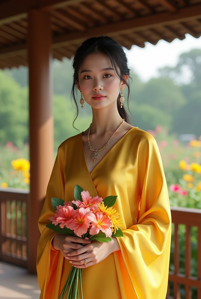 (Pure manga, animated movie 스타일), female, Serious, elegant, Yellow clothes, aristocratic, silver element, bare shoulders, hair style, head up, Pigtails and ponytails, crummy, superior, absurd, detailed dress, royalty, congrats, Outdoors decorated with flowers, cowboy shot, portrait, (best quality), (masterpiece), (very detailed), (4K), animated movie, Unreal Rendering,