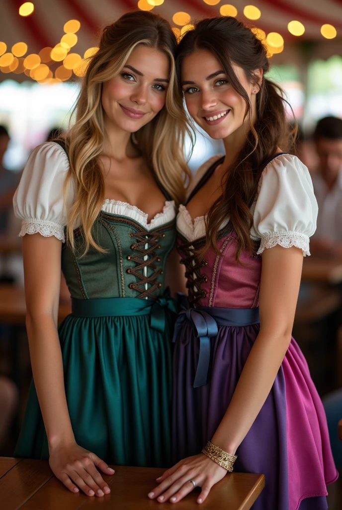 (​masterpiece, best quality:1.5), highest quality, High resolution, super detailed, Realists, Upper body photo of a 22-year-old blonde woman, detailed and beautiful eyes, beautiful detailed lips, very detailed eyes and face, longeyelashes, A 22-year-old woman in a beautiful, short, shimmering satin dirndl, Details in the dress fabric, Beautiful and colorful makeup, elegant and noble々Pose, hairband, ponytail hairstyle, Munich as a backdrop, bright daylight, bright colors, fine brushstrokes, Portrait style, beautiful color palette, glowing skin, First-class rendering, that captures every detail, enchanting atmosphere, (perfect anatomy:1.2), (The two stunning women wear a beautiful short dirndl with stockings. smiling in love and full of joy at the festival, nice legs. They walk hand in hand down the street. Beautiful shoes   (magnificent panorama view:1.2)