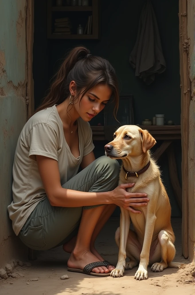 girl tied up and her feet get licked by goat
