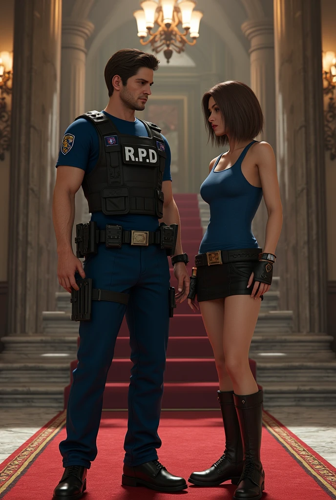 (Highly detailed CG), (Best Quality), (Highly detailed CG), (Best Quality), Back Alley,Leon S. Kennedy, SWAT Clothing, Beautiful and attractive young man, Lean and muscular, Being reverse raped by a beautiful woman、Leon S. Kennedy,Looks frustrated,