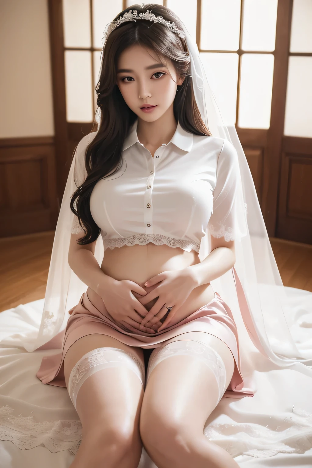 ((Best quality, 8k, Masterpiece :1.3)), Whole body, Sharp focus :1.2, A beautiful heavily pregnant 20-years old slender Asian bride walking down the aisle on her wedding, wearing a tight collared pink polo shirt with seven buttons buttoned up and a red skirt, gigantic breasts, bulging huge breasts and bulging pregnant belly, transparent bridal veil, flowers in hair. bra outline visible, prominent poking nipples under the shirt, (wedding, aisle, silk stockings), Highly detailed face and skin texture, Detailed eyes, Double eyelid, woman is weeping with tears on her face