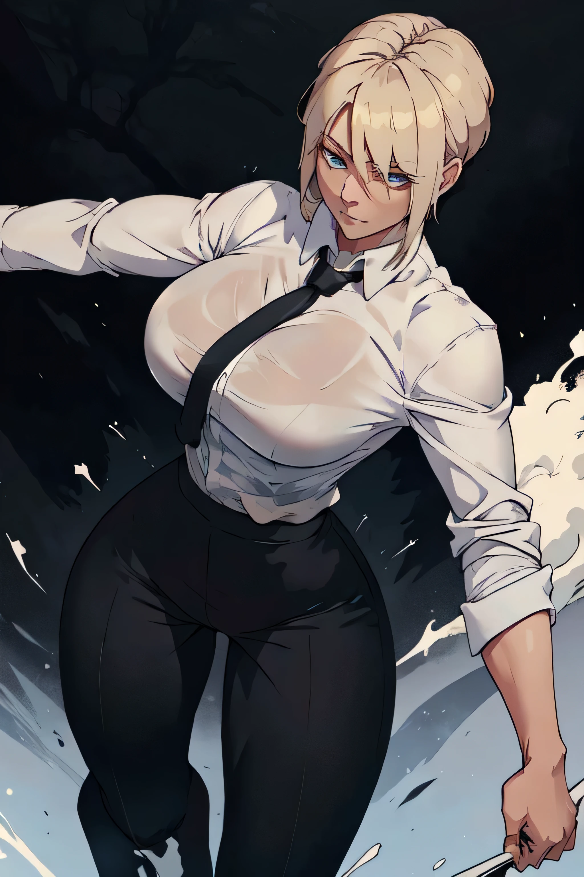 Girl with short blonde hair, blue eyes, wearing A white dress shirt, breasts, with a black tie, defined body, wearing black dress pants, defined waist, hips, collared shirt, Ripped white shirt In fighting position 